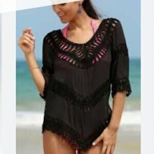 Paradise V-Neck Woven Crochet Black Tunic Beach Cover-up